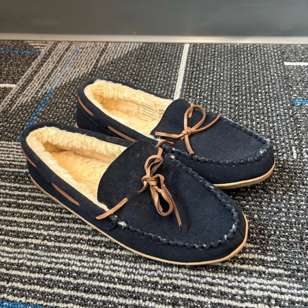 J Crew Men's 10 Navy Suede Slippers faux Fur Lined